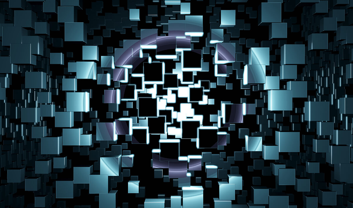 Purple circle surrounded by many different sized blue blocks on a black background