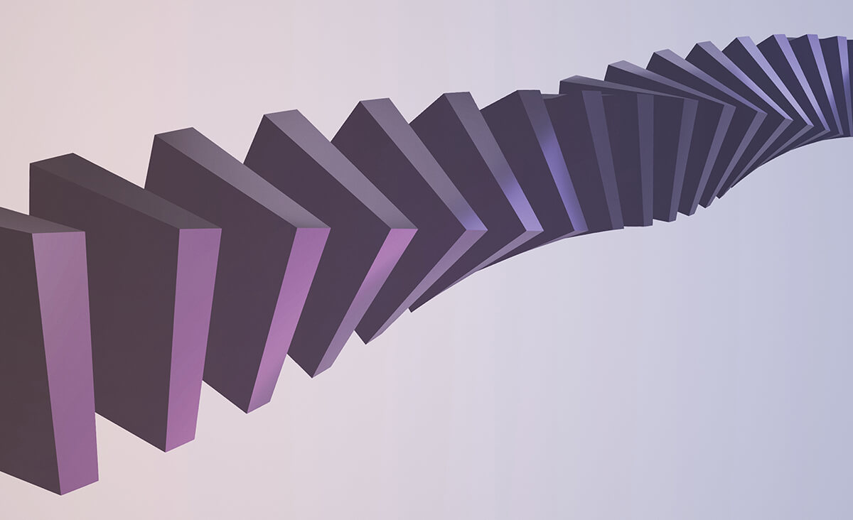 A row of purple square blocks that are twisting in sequence