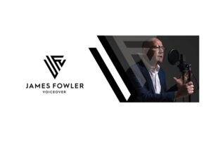 James Fowler Voiceover Logo with James Fowler narrating into a microphone that has a pop shield.