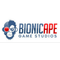 Logo picture of an Ape head with one red eye, in blue, next to words 'bionic ape studios, all on white background